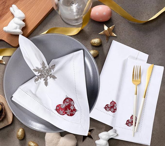 Homidate Cloth Dinner Napkins Set of 12 – 18x18 100% Cotton Silver with Red Embroidery – Machine Washable Reusable Napkins for Weddings, Parties, Dining & Holiday Events