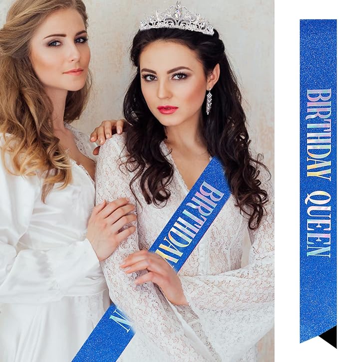 Velscrun Happy Birthday Queen AB Silver Tiara Crowns for Women, Blue Sash, Party Favors & Decorations