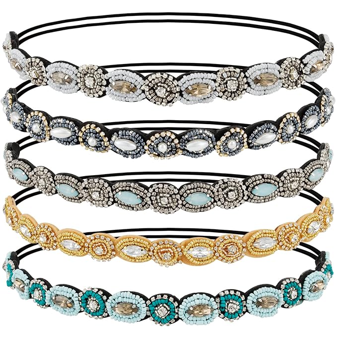 AMCAMI 5Pcs Rhinestone Beaded Headband Crystal Hairbands for Women in 5 Different Patterns - Elastic Headbands for Girls - Vintage Hair Accessories for Party Daily Wear