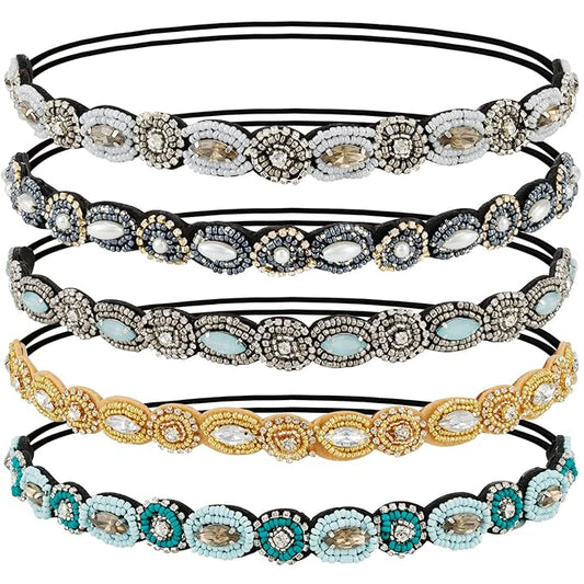 AMCAMI 5Pcs Rhinestone Beaded Headband Crystal Hairbands for Women in 5 Different Patterns - Elastic Headbands for Girls - Vintage Hair Accessories for Party Daily Wear