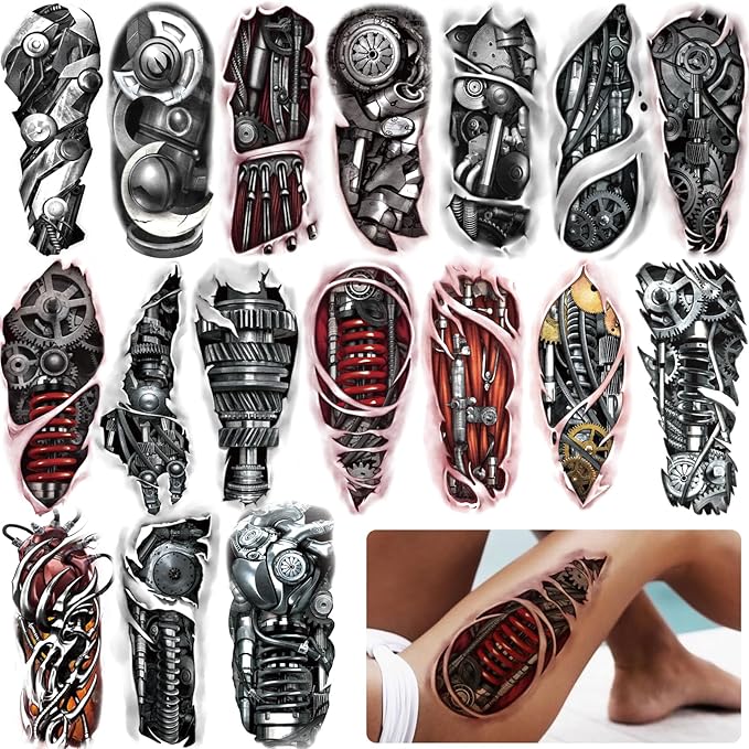 Yazhiji 77sheets Waterproof Mechanical Temporary Tattoo for Men or Women 17sheets Larger Half Arm Robot Realistic Fake Tattoos for Adult And 60 sheets Tiny Flower Tattoo Sticker Boys or Girls