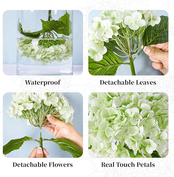 4 Pcs Hydrangea Artificial Flowers, Latex Real Touch Hydrangeas Lifelike Fake Hydrangea Flowers for Home Party Arrangements Wedding Bouquets Table Centerpieces Decor (2Dark Green&2Light Green)