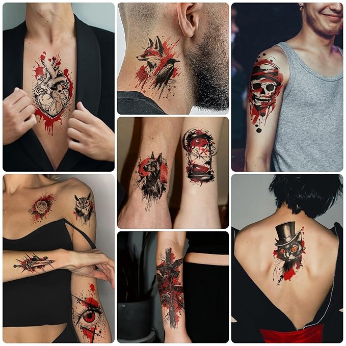 77 Sheets Trash Polka Temporary Tattoo for Women Men, 17 Sheets Half Arm Black Red Skull Wolf Cat Fake Tattoos, 60 Sheets Flower Owl Tiger Tiny for Adult Kids Body Tattoos Stickers Realistic