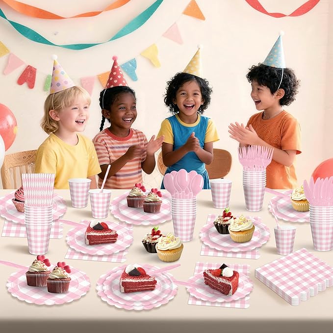 192 PCS Gingham Party Supplies Serve 24 Guests Gingham Plates and Napkins and Cups for Birthday Decorations Baby Shower Checkered Party Supplies Dinnerware Sets for Girl Boy Light Pink White