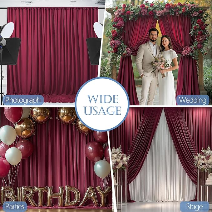 10x10ft Wrinkle Free ‌Burgundy Backdrop Curtain for Parties Soft Fabric Drapes Wedding ‌Curtain Backdrop for Birthday Party Decorations Background for Photography 5x10ft, 2 Panels