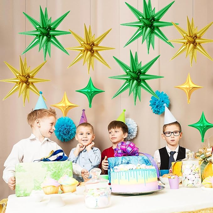 18 Pcs Green Gold Star Balloons, Gold and Green Balloon with 6 Pcs 22-Inch Explosion Star Balloons 12Pcs 10-Inch Four Pointed Stars Foil Balloon for Anniversary Disco Birthday Party Decorations