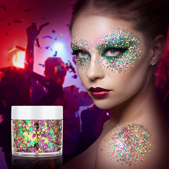 Mardi Gras Accessories Gold Hair Face Glitter,Green Purple Gold Mixed Holographic Body Glitter,Mardi Gras Outfit for Women Kids,Festival Sequins for Body, New Orleans Carnival Decorations