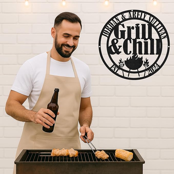 Custom BBQ Metal Sign Personalized Grill Name Wall Art for Outdoor Kitchen Patio Backyard Decor Fathers Gift for Dad Grandpa Husband Barbecue Smoker Area Sign, Grilling Lover Gifts 18