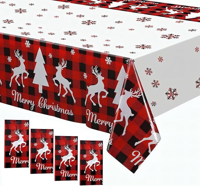 4 Pack Moose Deer Tablecloth Disposable Plastic Table Cover for Christmas Party Decoration Supplies