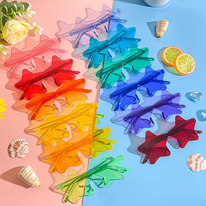 Pibupibu 24 Pack Star/Heart/Butterfly/Flame Sunglasses Bulk, Rimless Fun Colorful Sunglasses for Women Party Favors