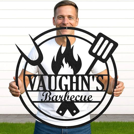 Custom BBQ Grill Metal Sign Personalized Name Wall Art for Outdoor Barbecue Patio Kitchen Backyard Decor Gift for Dad Husband Men Papa Grandpa Father Grilling Enthusiasts Family Lover Funny Gifts 17