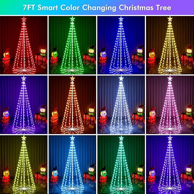 7FT Outdoor Christmas Tree, RGB Color Changing Pre-lit Smart Cone Christmas Tree with LED Lights, App&Remote Control, DIY Multi-Color Lightshow, Music Sync, Christmas New Year Decoration