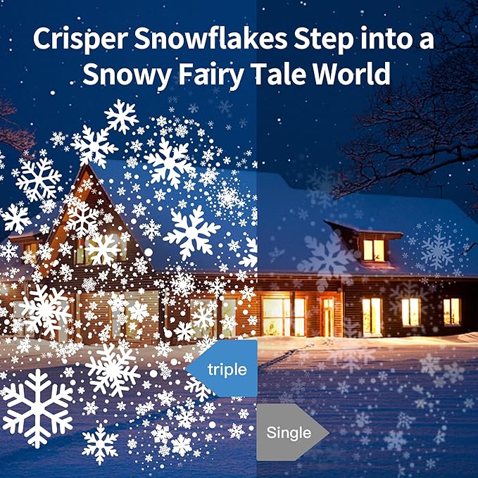 Christmas Projector Lights Outdoor, GUSODOR Upgraded Snowflake Projector, IP65 Waterproof 360°Rotating LED Projection Lights for Christmas Decorations Yard Patio Holiday Party Decor-Three-Head B