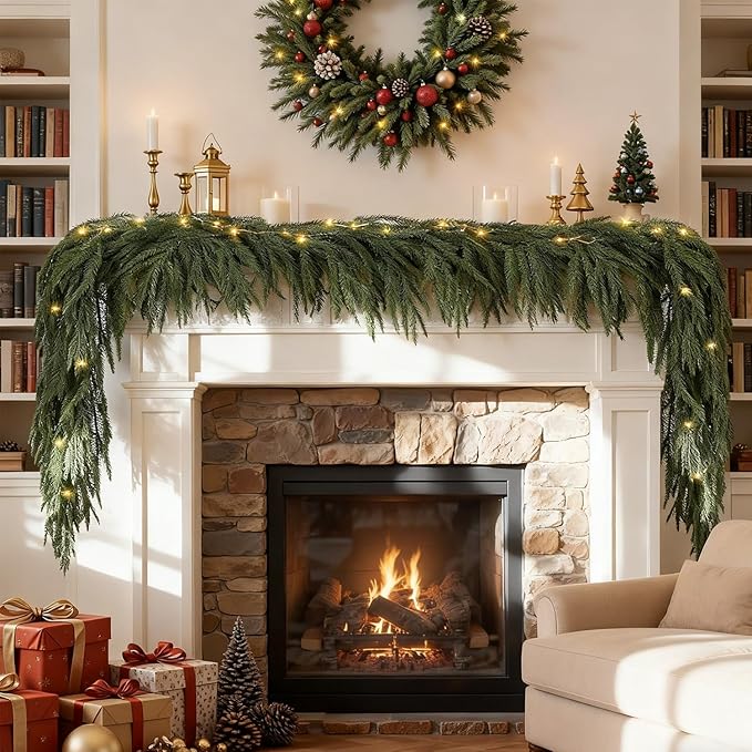 Premium 30% Fuller 6 Ft Artificial Norfolk Pine Garlands with Lights, Real Touch Winter Pine Garland, for Staircase, Table, Mantle, Wall, Indoor, Outdoor Christmas Decorations, Flower Arranging