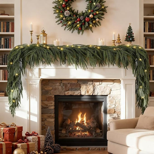 Premium 30% Fuller 2Pack 6 Ft Artificial Norfolk Pine Garlands with Lights, Real Touch Winter Pine Garland, for Staircase, Table, Mantle, Wall, Indoor, Outdoor Christmas Decorations, Flower Arranging