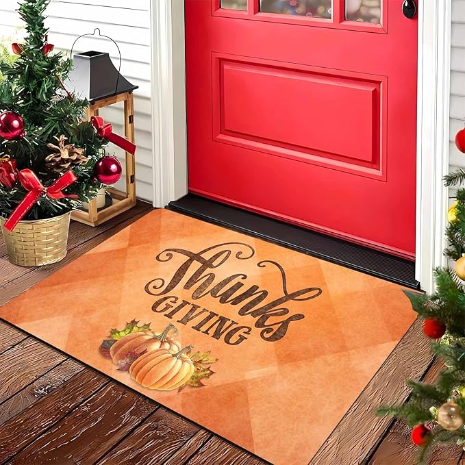 Fall Welcome Maple Leafs Decorative Door Mat, Autumn Thanksgiving Doormat for Indoor Outdoor Entrance Floor Mats,Fall Pumpkins Non Slip Harvest Vintage Decor Rubber Welcome Mats 30" x 18" Inch