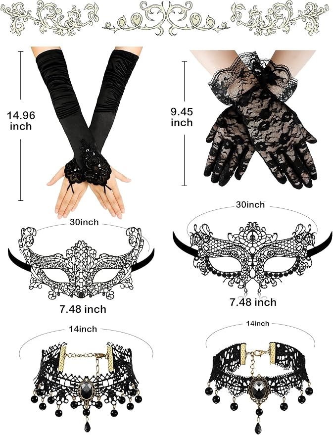 Newcotte 6 Pcs Masquerade Mask for Women Lace Mask Choker Necklace Glove for Christmas Halloween Venetian Party 80s 90s