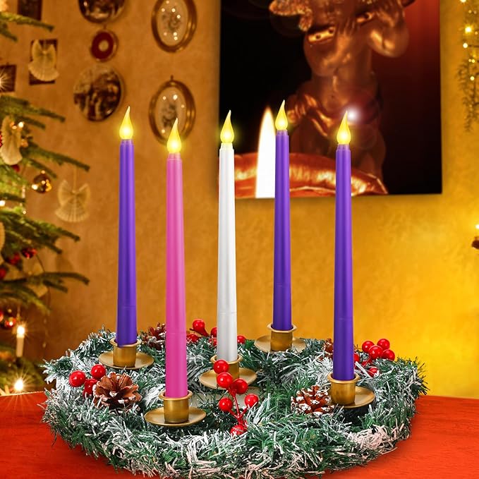 Tioncy 12 Inch Christmas Advent Wreath Candle Holder with 5 Flameless Candles Remote Control Wreaths Holder Centerpiece Decoration with Berries(Snowy Cedar Pine,11 x 0.8 x 0.8 in)