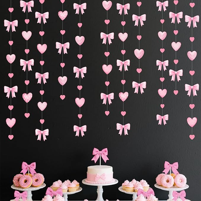 Pink Bow Decorations Pink Heart Plaid Twill Polka Dot Bow Hanging Streamer Garland Banner for Birthday Baby Shower Bridal Shower Wedding Anniversary Bachelorette Coquette Party Decorations Supplies