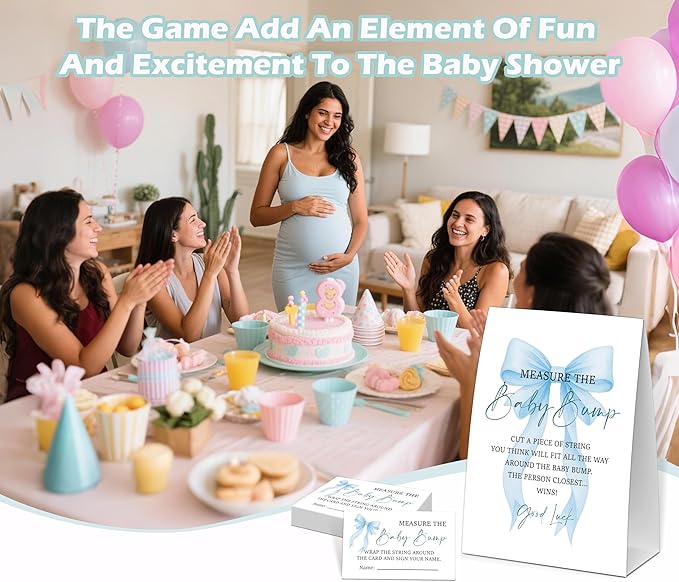 Blue Bow Measure the Baby Bump Game, Baby Shower Game, Include One 5×7 Sign and 50 Guessing Cards, Blue Coquette Bow Gender Reveal Party Decoration Supplies - FI02