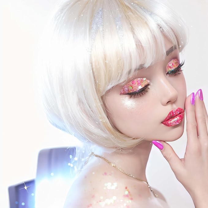 MEICOLY Pink Face Glitter,Pink Body Glitter,Sparkly Hair Glitter,Pink Accessories for Spirit Week,Singer Concerts Lover Heart Halloween Glitter Makeup,Mermaid Glitter Face Paint