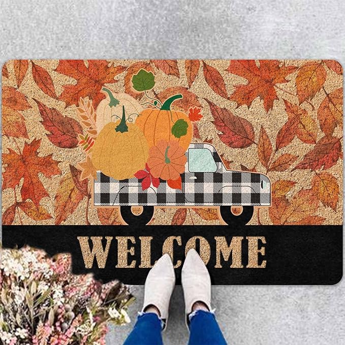 Welcome Fall Truck Door Mat, Vintage Fall Truck Decor for Covered Outdoor Area Pumpkin Welcome Mat for Autumn Halloween Thanksgiving Farmhouse Decor, 24"x16"inch
