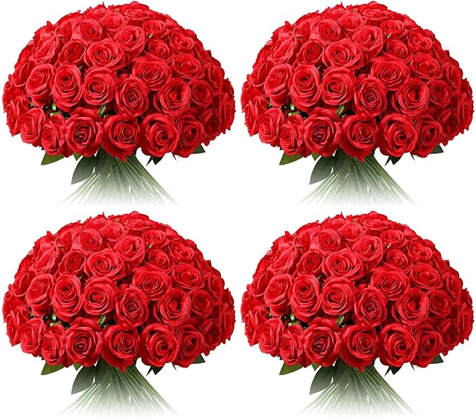 Tifuly 100 Pcs Red Roses Artificial Flowers Bulk, Realistic Long Stem Fake Silk Roses Bouquet for Wedding Centerpiece Table Vases Party Home Kitchen Decor