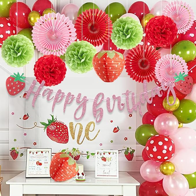 Strawberry Birthday Decorations, Strawberry First Birthday Decor with Strawberry Lantern, Red Pink White Paper Fans Hanging Decorations, Strawberry Baby Shower Decorations