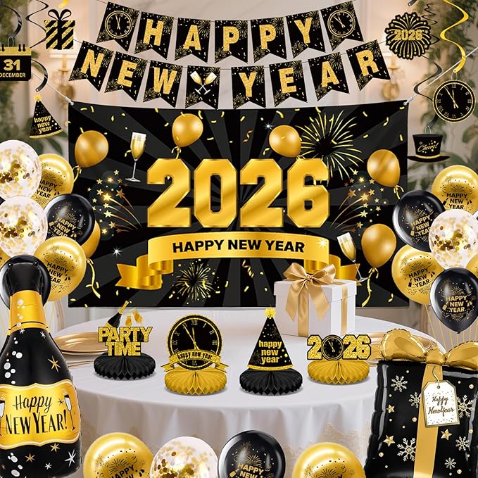 New Years Eve Party Supplies 2026-46 PCS Happy New Years Decorations-Party Favors Includes Banner, Backdrop, Balloons, Centerpieces, Hanging Swirls Nye Decorations 2026