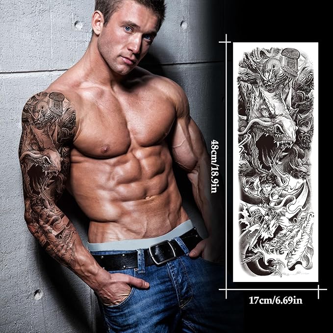 VERKSTAD 12 Sheets Large Full Arm Temporary Tattoos for Adults, Waterproof Realistic Flower Myth Angel Skull Fake Tattoos, Eagle Dragon Horse Tattoo Kits Hand Body Art for Parties Festivals Cosplay