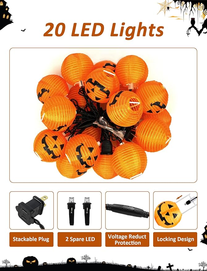 Cozy Autumn Pumpkin Lanterns, 12ft 20 LED Fall Decor String Lights, UL Certified for Indoor & Outdoor, Perfect for Thanksgiving, Harvest Festivals & Warm Porch Lighting