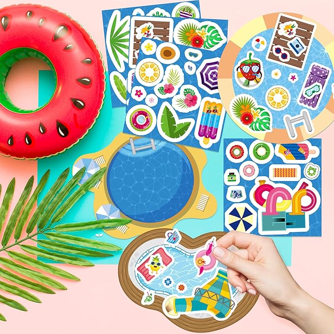 CY2SIDE Summer Pool Sticker Scene - 12 Set Make A Pool Scene Art Craft with Swimming Ring for Kids Make Your Own Swimming Sticker Art Craft DIY Summer Party Games Classroom Fun Activities