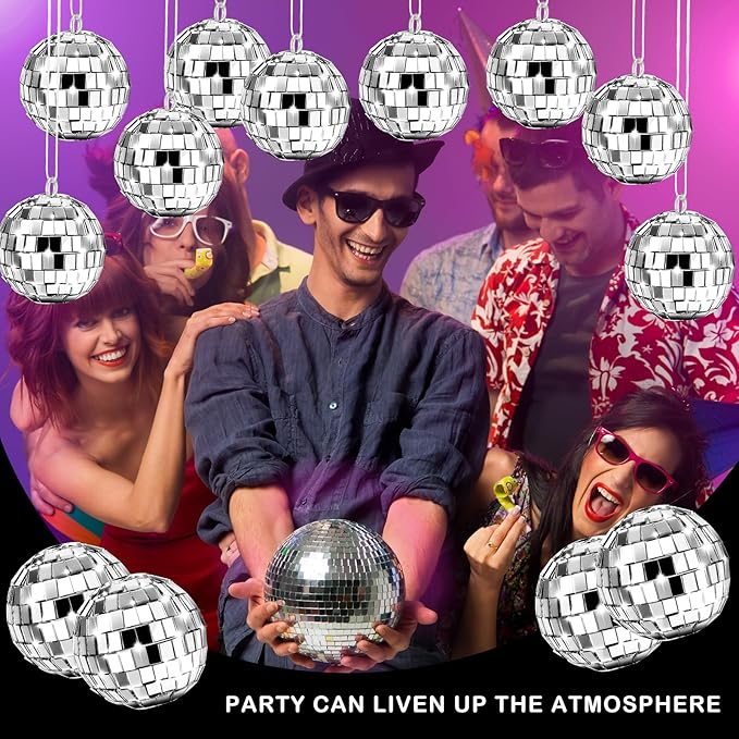 Mtlee 20 Pcs Disco Balls Decoration Mirror Disco Ball for Christmas Tree Flies Assorted Hanging Mini Glass Different Sizes Reflective with Rope for Halloween DIY Wedding Music Prom Props