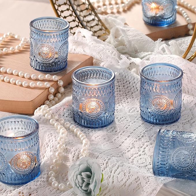 36 Pcs Blue Votive Candle Holders, Glass Tea Light Candle Holders for Wedding Centerpiece, Table Centerpiece, Home and Party Decorations