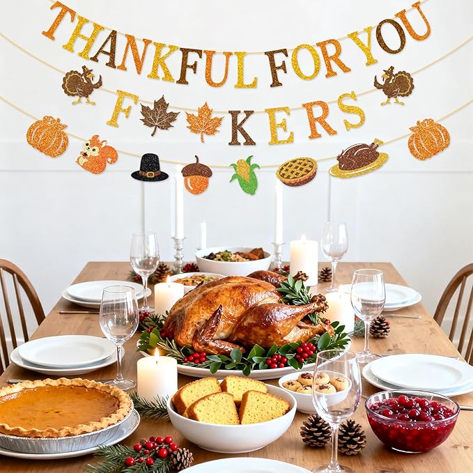Thankful for You Banner Glitter Friendsgiving Party Decorations Happy Thanksgiving Day Indoor Decor for Home Office Mantle Fall Pre Assembled Hanging Garland Sign Turkey Pumpkin Plastic