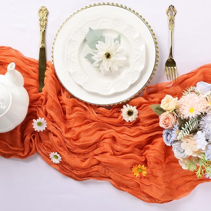 12 Pack Fall Table Runner Orange Cheesecloth Table Runner 10FT Boho Cheese Cloths Gauze Fabric 120 Inch Rustic for Thanksgiving Wedding Birthday Party Baby Shower Decorations