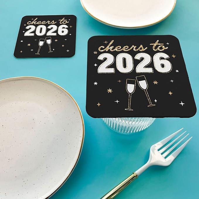 Big Dot of Happiness 25 Ct Hello New Year Drink Coasters, 4-Inch Disposable Square Paper Coasters for Cheers to 2026 Party Decoration, NYE Table Decor for Cocktail Drinks