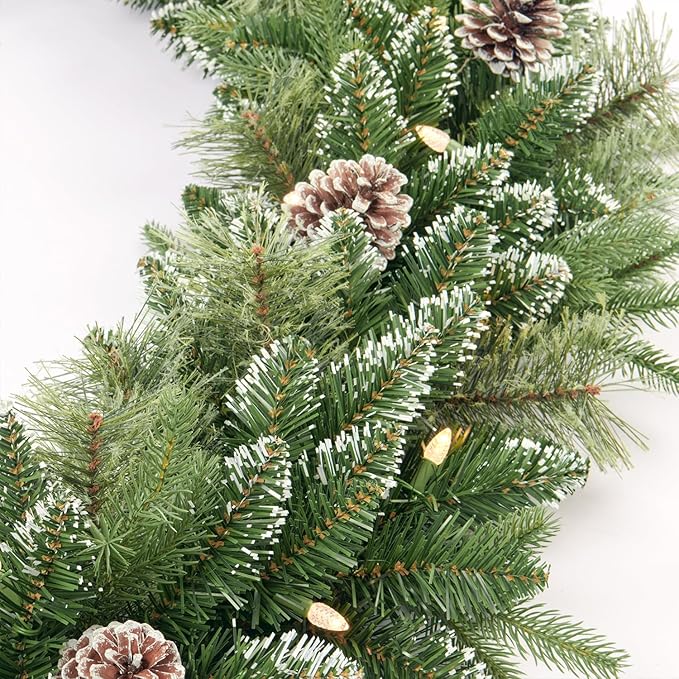 Christmas Garland Pre-lit 9 Ft with 50 Led Lights, Battery Operated Fireplace Stairs Mantle Door Indoor Outdoor, Decorated Pine Cone and Snow Style