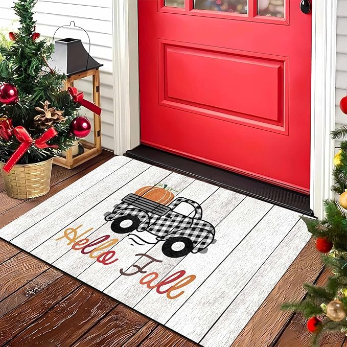 Fall Door Mat Fall Welcome Mat for Front Door, Autumn Pumpkins with Truck Black and White Buffalo Plaid Seasonal Non Slip Doormat for Entrance Entryway Outside, 24"x16"inch
