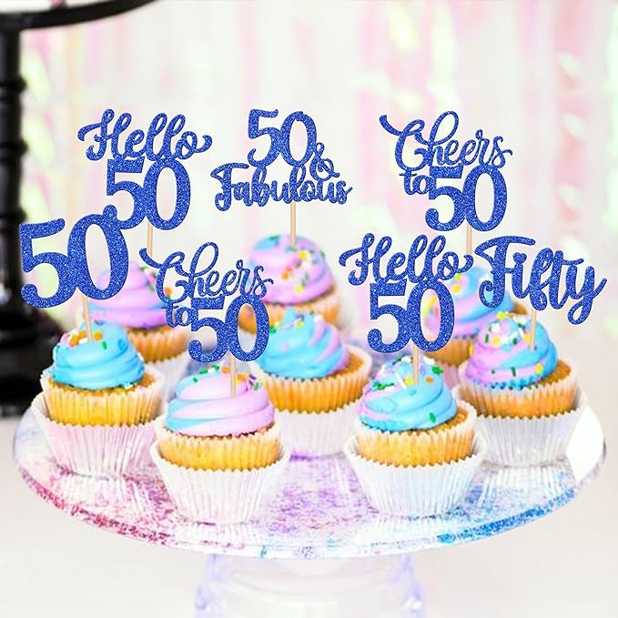 30PCS Happy 50th Birthday Cupcake Toppers Glitter Hello 50 Fabulous Fifty Cheers to 50 Years Old Birthday Cupcake Picks for Happy 50th Birthday Anniversary Party Cake Decorations Supplies Blue