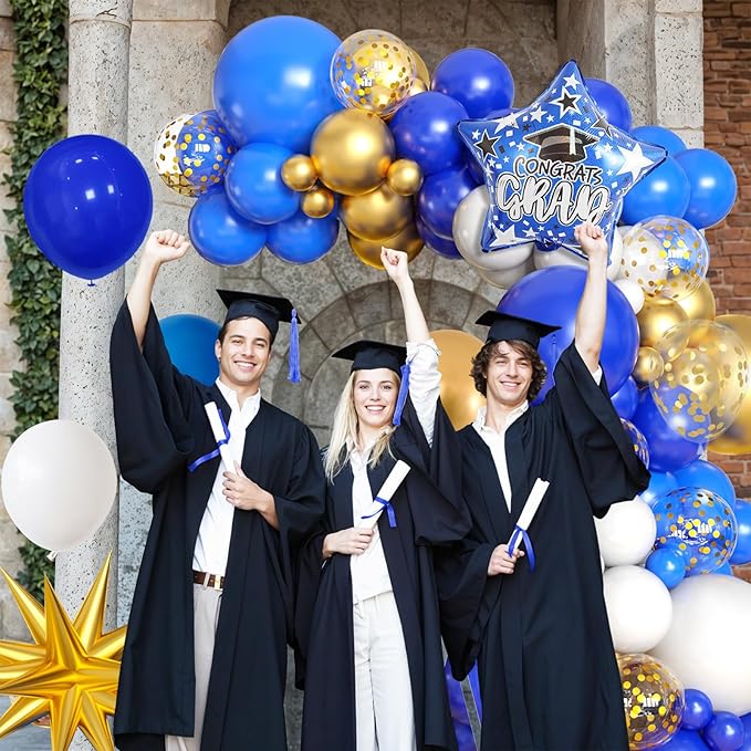 Blue Gold White Balloons Arch Kit with Explosion Star 4D Gold Foil Balloon Royal Blue White Golden Confetti Balloons Garland for Blue 2025 Graduation Decoration Birthday Baby Shower Party