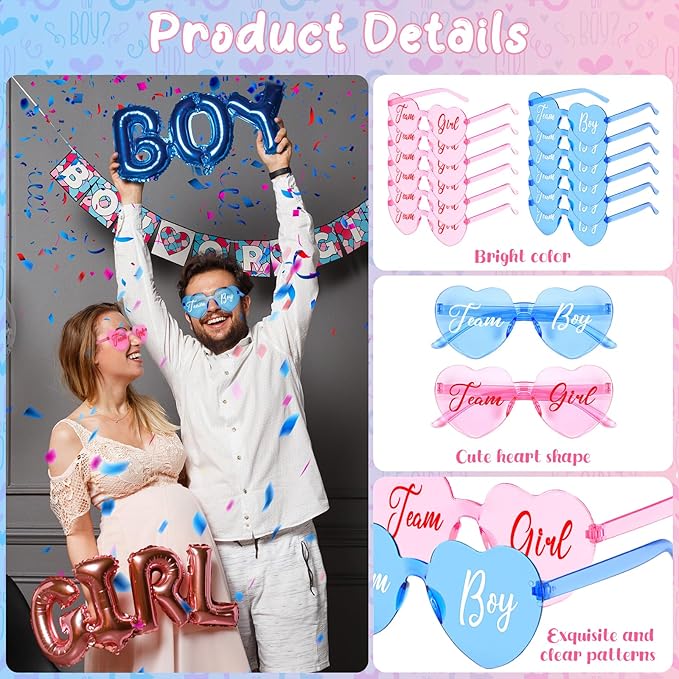 Pibupibu 24 Pcs Gender Reveal Glasses Blue Pink Sunglasses Bulk Team Girl or Boy for Gender Reveal Decor Glasses Party Favors