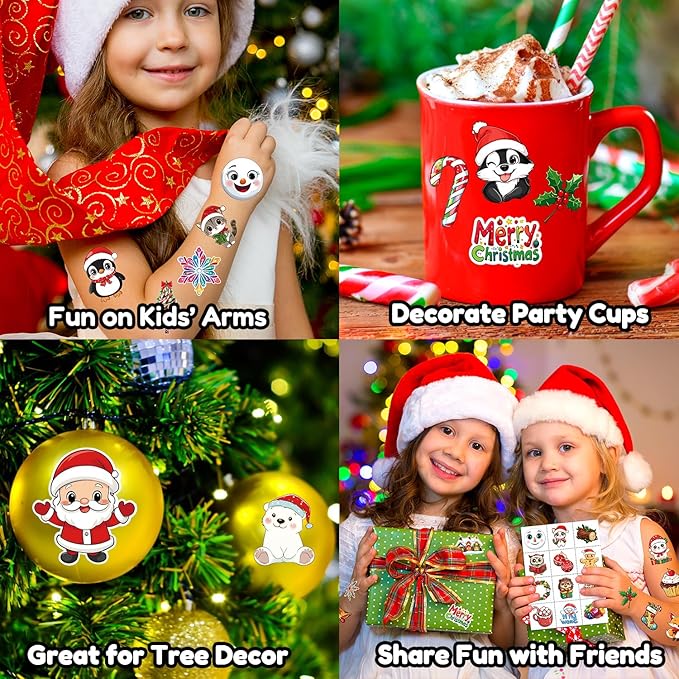 JCFIRE Christmas Temporary Tattoos for Kids Stocking Stuffers, 96pcs Waterproof Tattoo Stickers Christmas Party Favors, Stocking Stuffers for Kids Toddlers Teens Boys Girls, Goodie Bag Stuffers