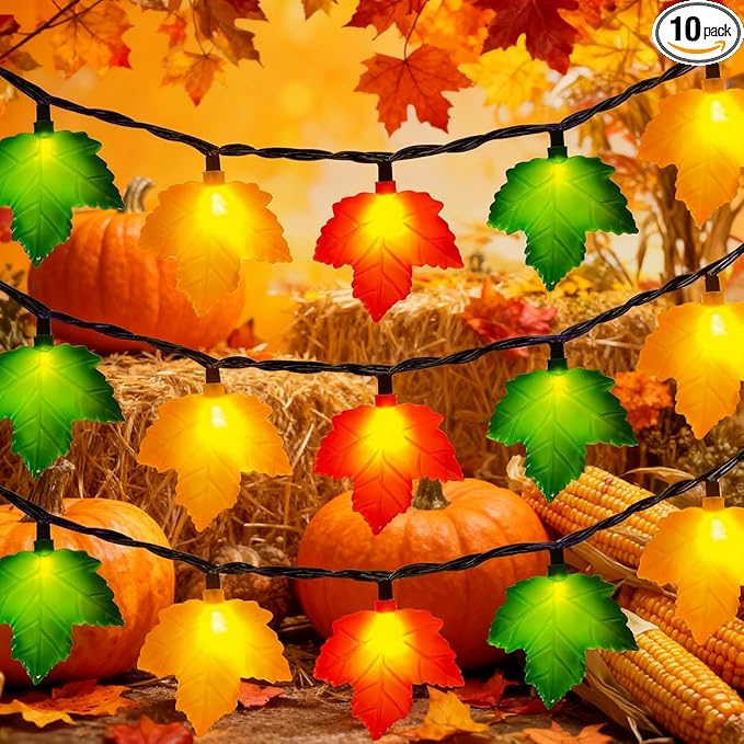 Fall Maple Leaf String, 8.5FT Outdoor Fall Lights with 10 LED Multicolor Maple Leaves Light Plug in Fall String Lights for Autumn Home, Kitchen, Table, Home, Mantel and Thanksgiving Decorcoration