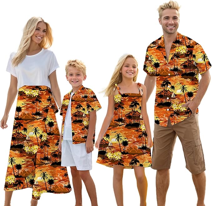 Cromoncent Matching Hawaiian Outfits for Family, Dad and Son Matching Luau Beach Tropical Shirts Mommy Daughter Tropical Sets