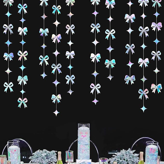 Iridescent Bow Decorations Holographic Paper Star Bow Hanging Garland Streamer Banner for Coquette Birthday Bachelorette Wedding Bridal Shower Engagement Anniversary Hen Party Decorations Supplies