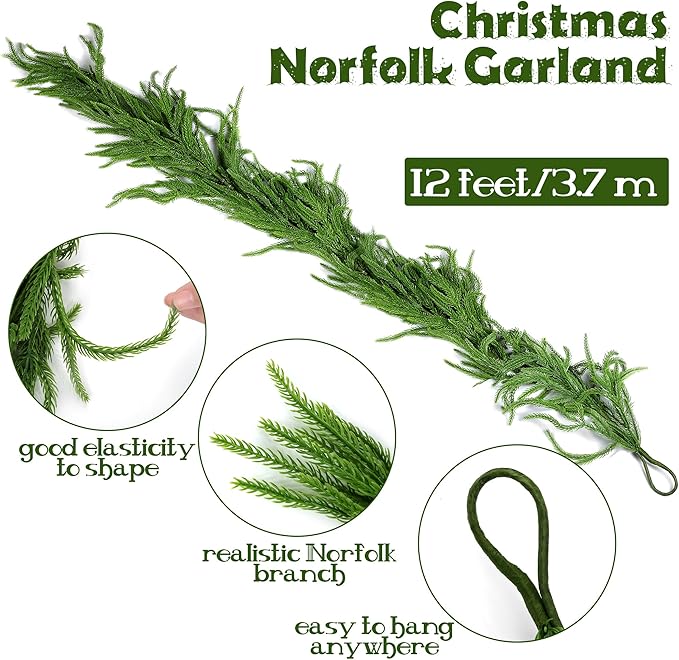Fovths 1 Pack 12 Feet Christmas Norfolk Garlands Set Green Artificial Winter Pine Garlands Light String Faux Greenery Garland Pine Garland for Xmas Holiday Home Indoor Decor, Green
