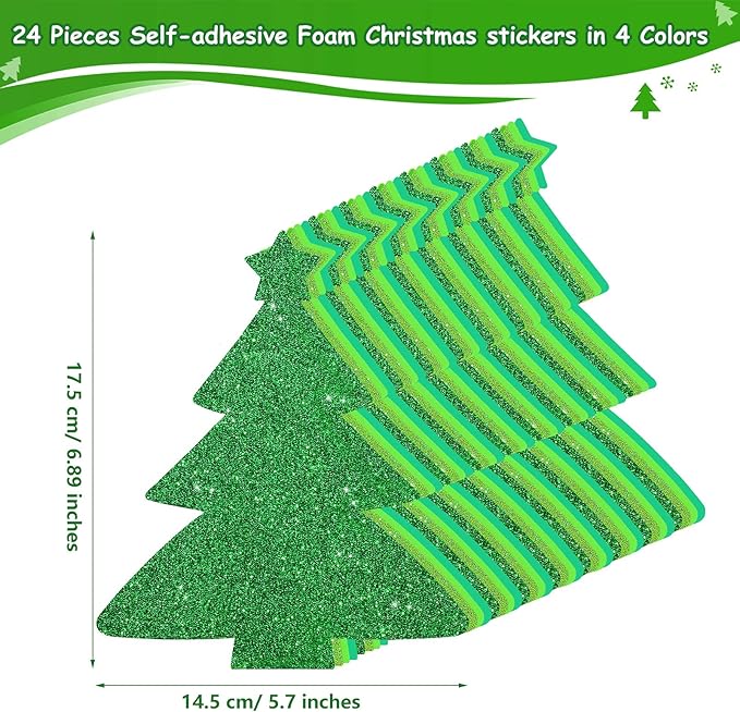 24 Kits DIY Christmas Tree Foam Stickers Bulk Self Adhesive Holiday Winter Glitter Foam Stickers Christmas Tree Craft Kits for Party Favors Fun Home Activities