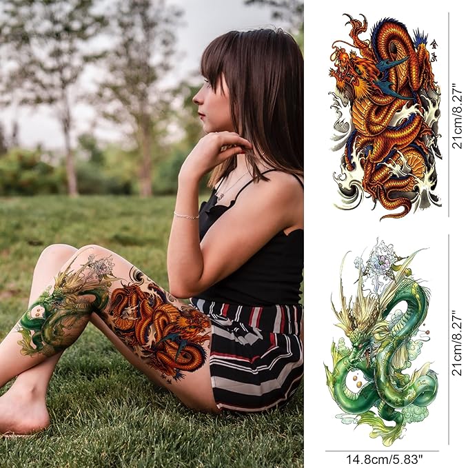 Realistic Dragon Temporary Tattoo Sleeve, 4-Sheet Full Arm Color Dragon Floral Fake Tattoo Sleeve Women Men Adult and 4-Sheet Large Flower Tiger Half Temp Tatoo Sticker Thigh Leg Makeup Body Art