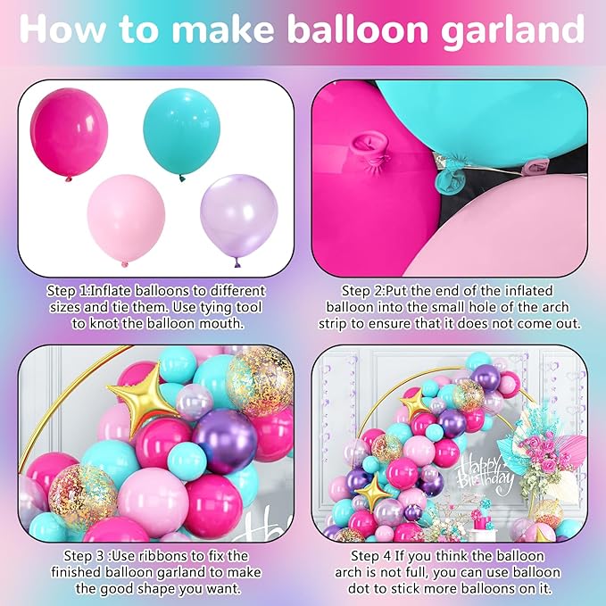 Pink Purple Blue Balloon Arch Kit Teal Hot Pink Metallic Purple Party Latex Balloon Garland with Confetti and Star Foil Balloons for Girls Princess Birthday Baby Shower Neon Party Decorations